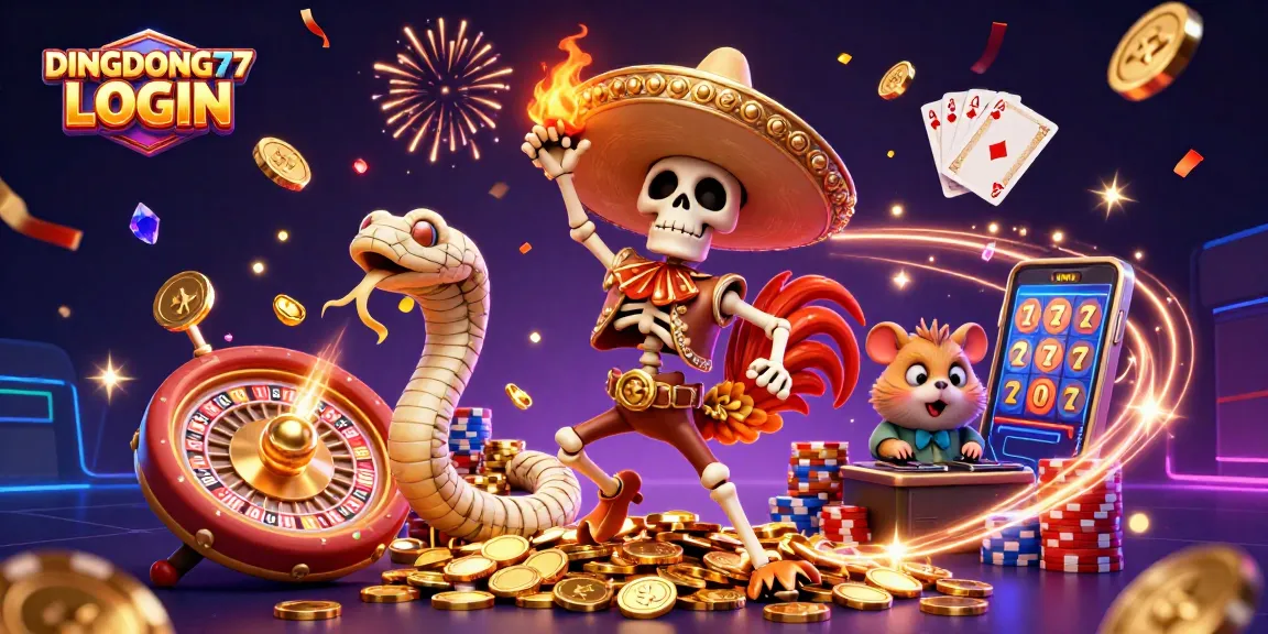 DINGDONG77 LOGIN offers players thrilling slot action with vibrant casino characters celebrating wins.
