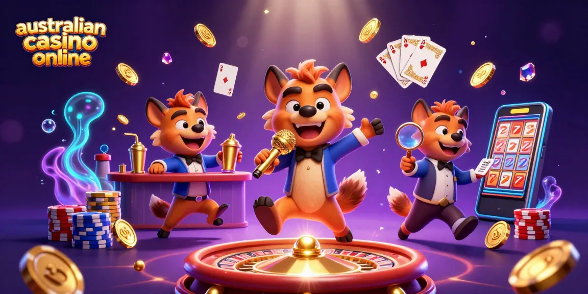 Experience the excitement of australian casino online with lively hyena characters in a vibrant casino scene.