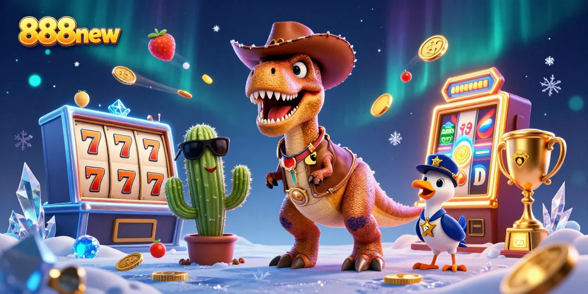 Spin the reels and win big with 888new's exciting jackpot illustrations featuring a dynamic dinosaur and friends.