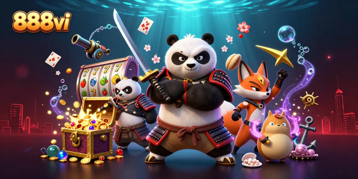 Experience the immersive world of 888vi with samurai panda and ninja fox amidst casino vibes.