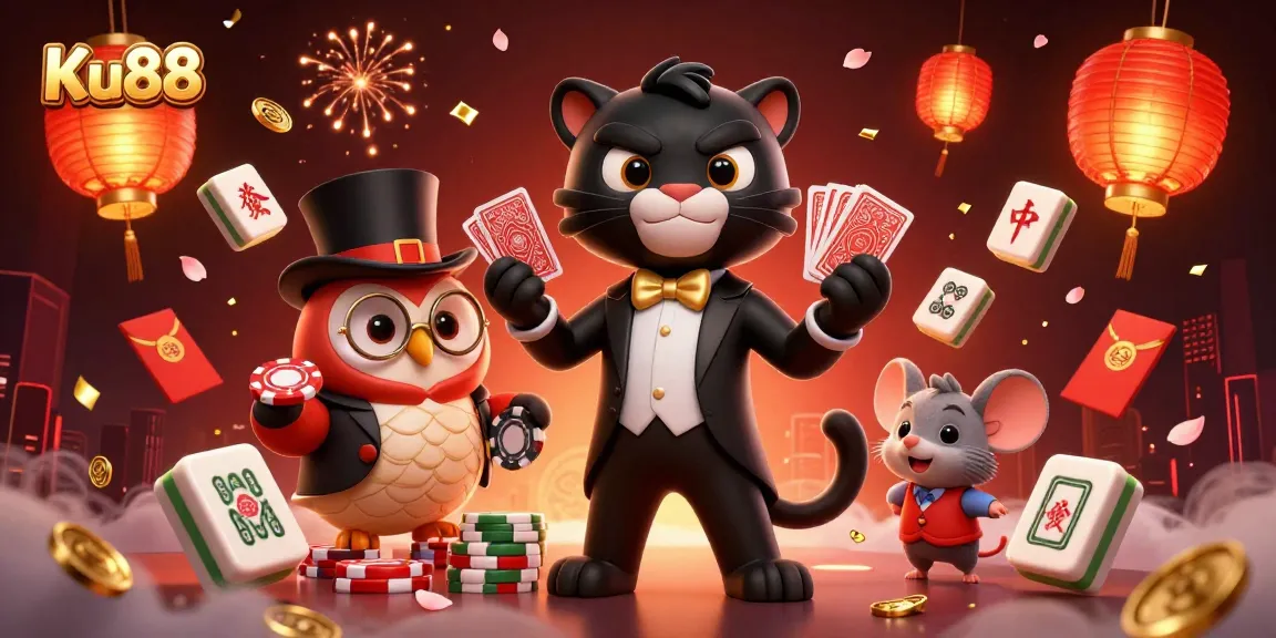 Engage with Ku88's vibrant casino universe featuring a panther, owl, and lucky mouse.