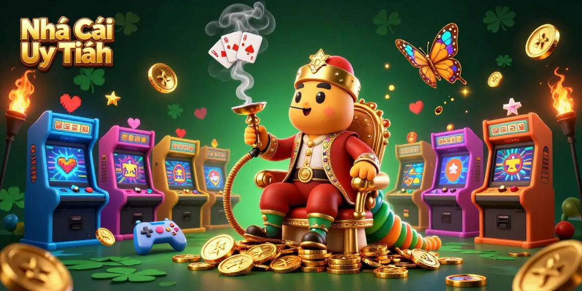 Caterpillar hookah-master surrounded by vibrant casino elements, highlighting Nhà Cái Uy Tín's essence.