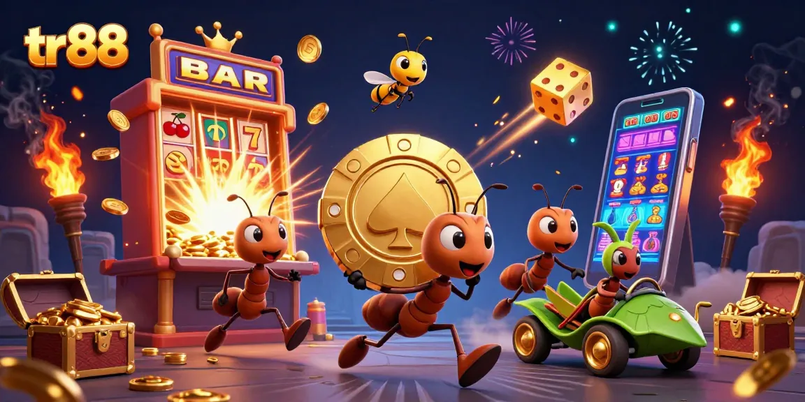 Experience thrilling action with tr 88 as cartoon ants seize a giant poker chip amidst a vibrant casino scene.