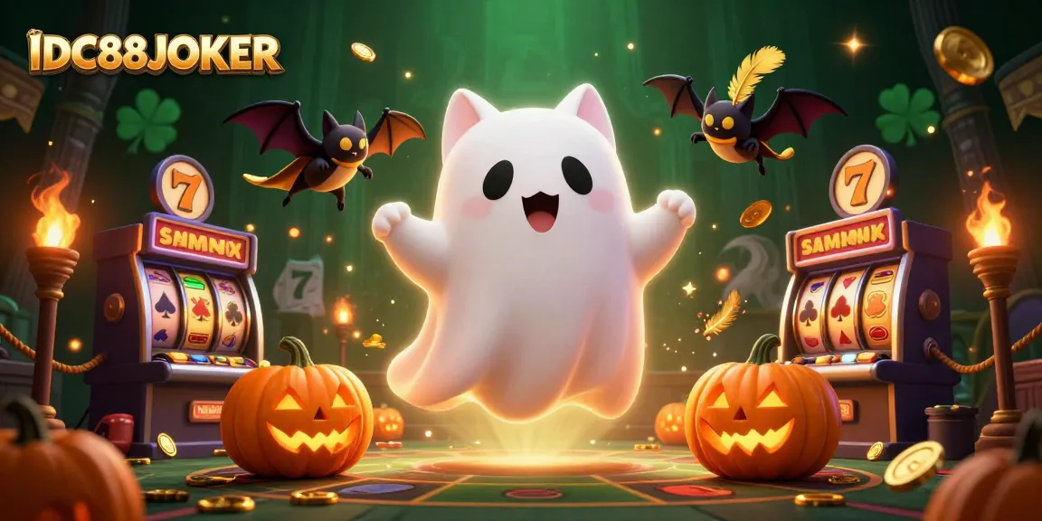 Experience thrilling gameplay with IDC88JOKER's ghost cat and vampire bat in a haunted casino setup.