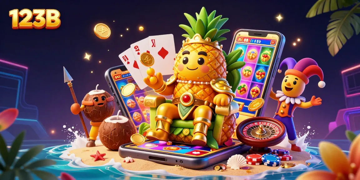 Experience thrilling action at 123B with golden coins erupting from mobile slots and vibrant characters.