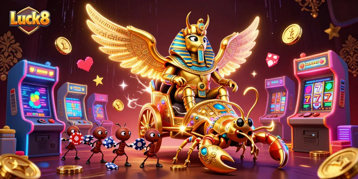 Engage in thrilling gaming with Luck8's vibrant 3D illustration showcasing a golden beetle in a casino scene.
