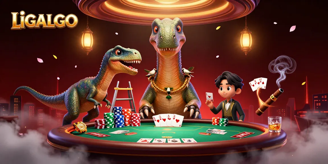 LIGALGO features a whimsical 3D illustration with a colossal dinosaur amid a lively casino poker scene.