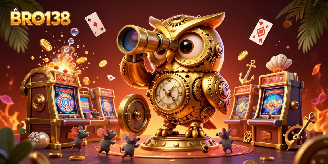 Experience thrilling gameplay at BRO138 with vibrant slot machines and enchanting owl guardians.