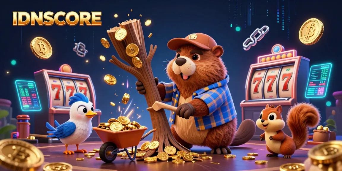 Engage with IDNSCORE's dynamic casino scene featuring a beaver collecting golden coins and a squirrel stacking acorns.