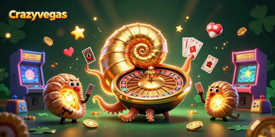 Discover crazyvegas with a vibrant 3D illustration of a nautilus roulette, arcade games, and glowing details.