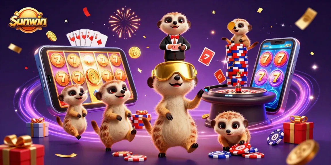 Sunwin meerkats manage a vibrant casino environment filled with slot games and poker.