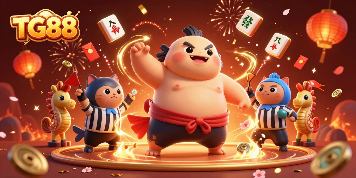 Engaging illustration showcasing TG88, featuring a fugu in a sumo's belt amidst an animated underwater casino scene.