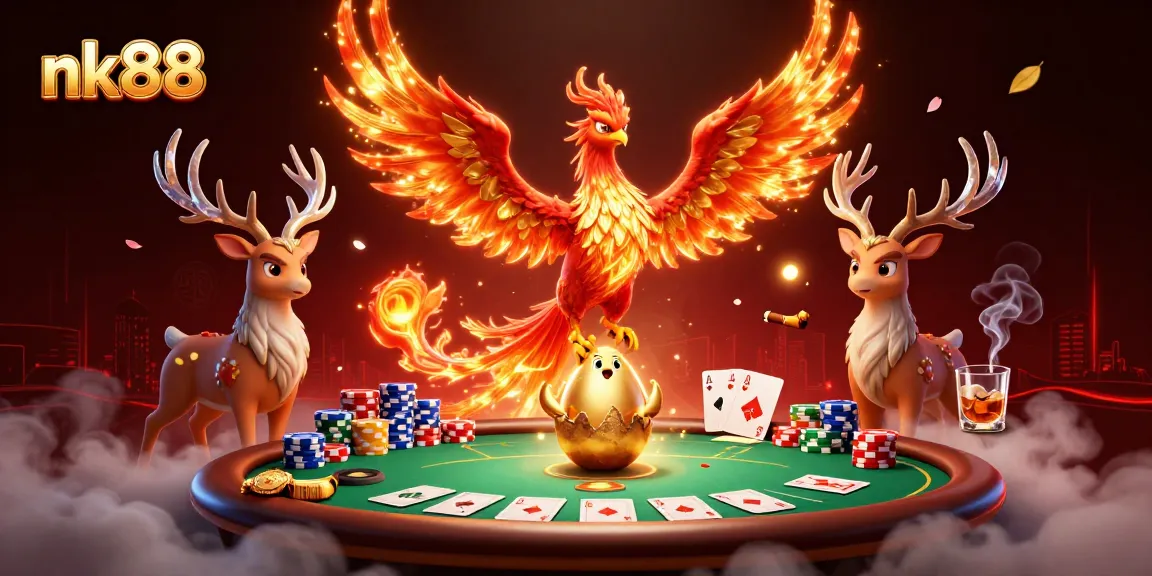 Experience the thrill of nk88 with a vibrant 3D depiction of a phoenix amidst poker elements.