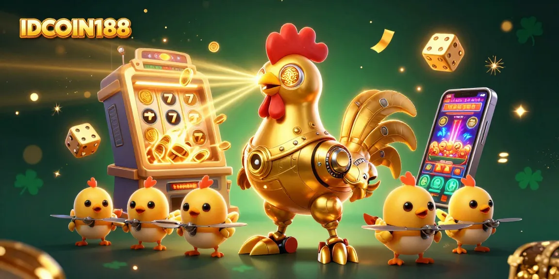 Experience the excitement of IDCOIN188 with a dynamic casino scene featuring a golden rooster robot and baby chick drones.