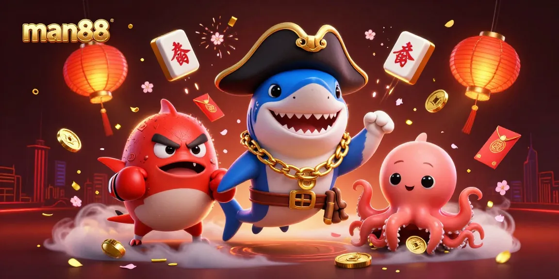 Exciting man88 casino scene featuring a shark, pufferfish, and octopus with vibrant gaming elements.