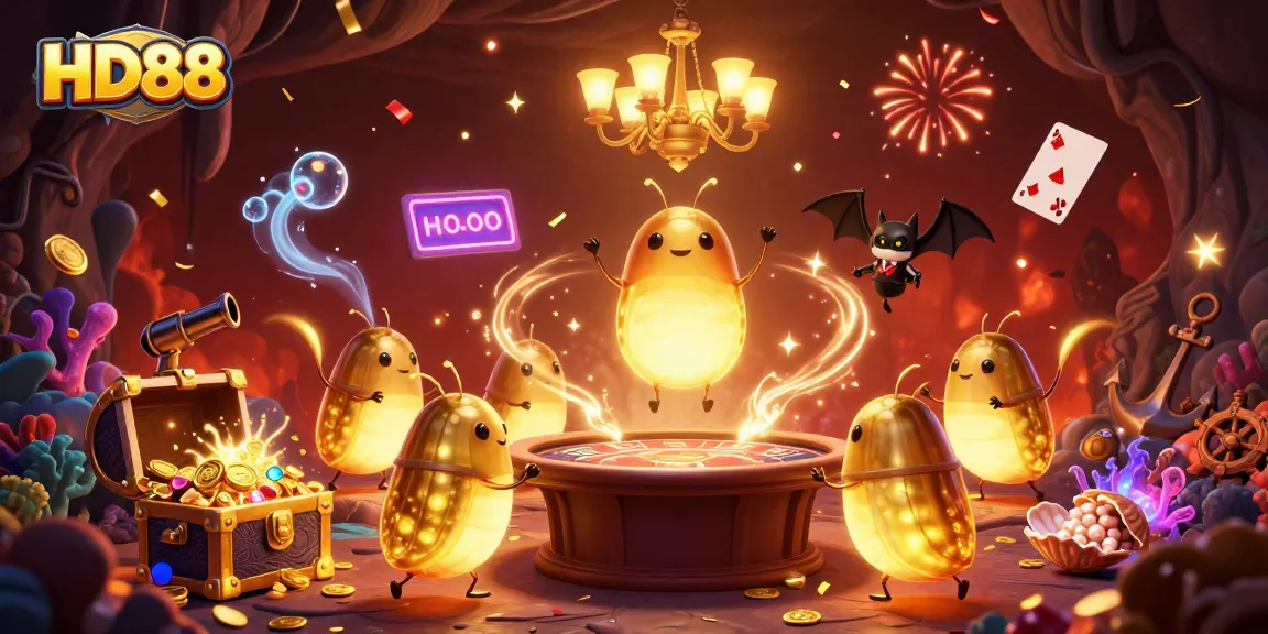 HD88 glowworms illuminate a cave casino, showcasing vibrant gambling elements in a colorful, festive scene.