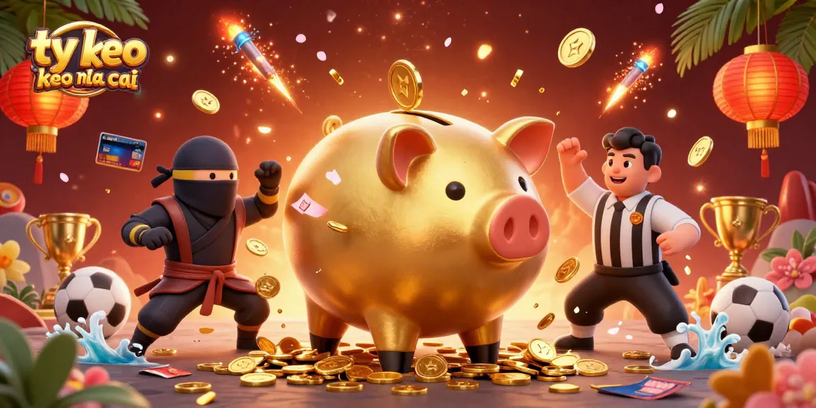 Dynamic scene celebrating ty le keo nha cai featuring a golden piggy bank sumo wrestler and colorful gambling elements.