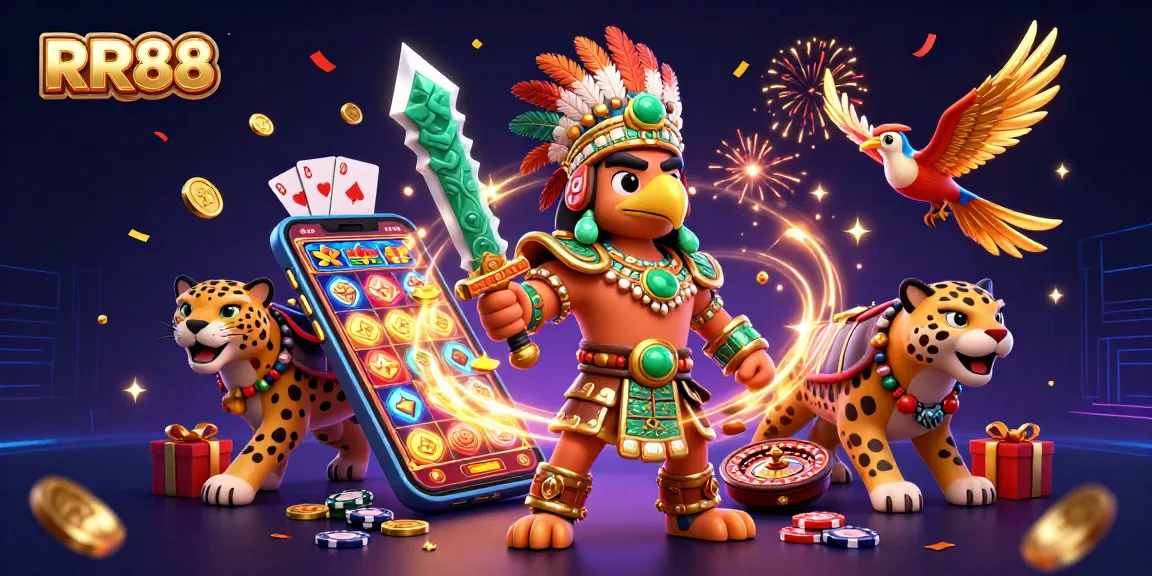 Engage in thrilling slots at RR88 with an Aztec warrior scene featuring vibrant gaming elements.
