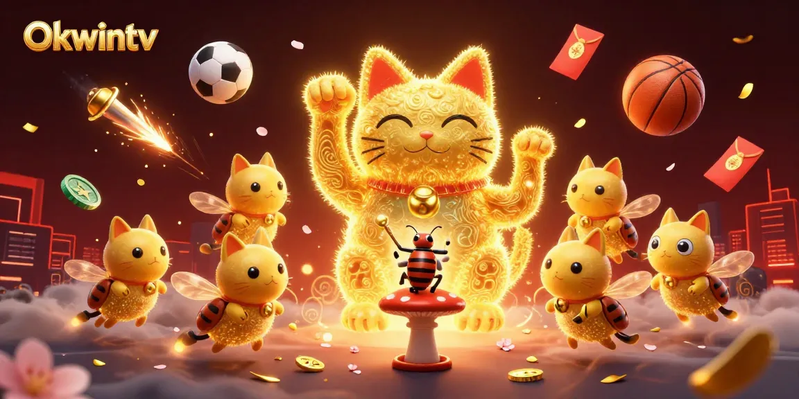 Engage with Okwintv's exciting sports betting visuals featuring a lucky cat surrounded by celebratory elements.