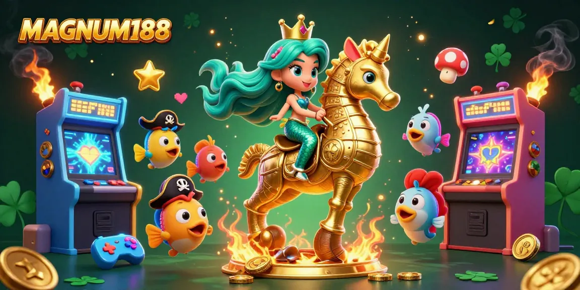 Experience excitement at MAGNUM188 with a colorful scene featuring a mermaid, seahorse, and arcade elements.