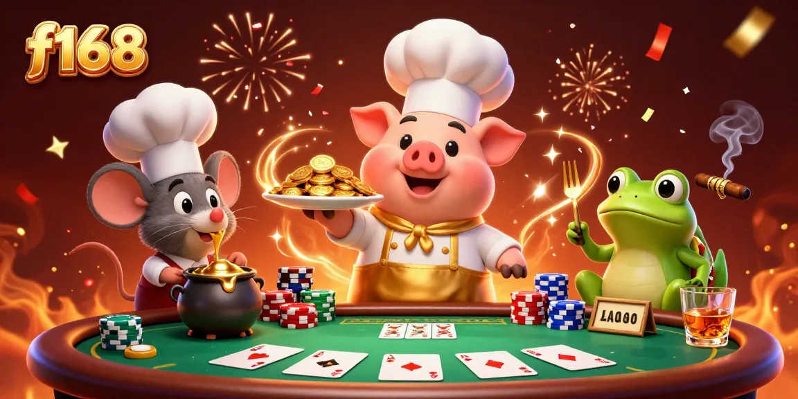 Experience the thrill at f168 with gourmet gold coins served by a chef pig, excitement all around!