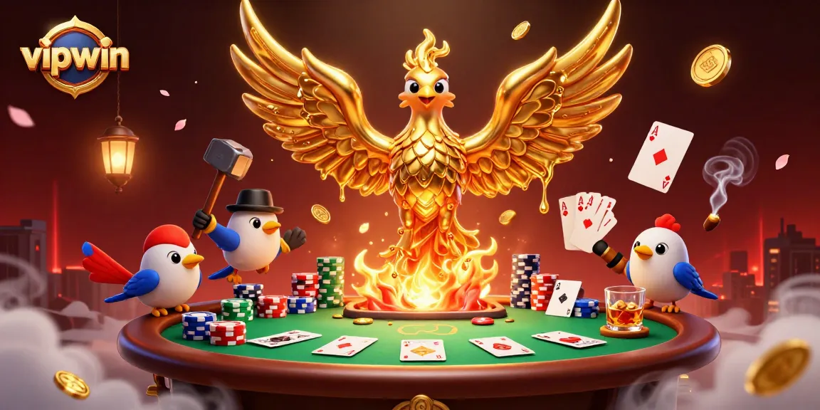 Engage in thrilling gameplay with vipwin at a vibrant casino scene featuring molten gold phoenix and poker elements.