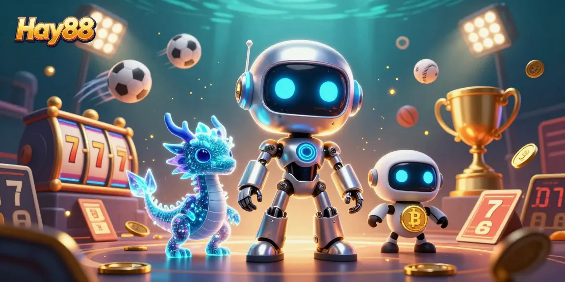 Immerse yourself in an energetic gambling world with Hay88's vibrant robotic mascots, jackpot slots, and sports elements.