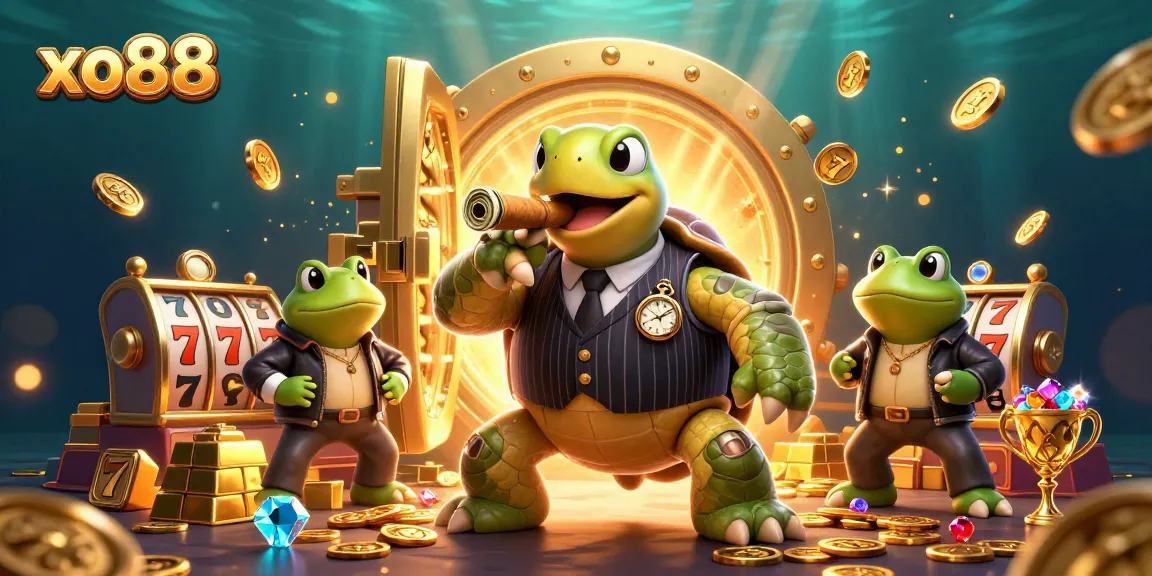 Join the fun at xo88 with a vibrant casino scene featuring a snapping turtle and bullfrog enforcers.