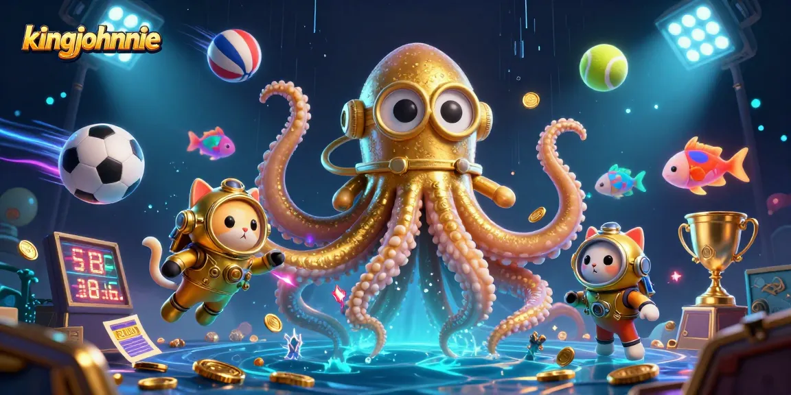 Engaging scene with kingjohnnie showcasing a colossal kraken, diving cat, and vibrant sports elements.