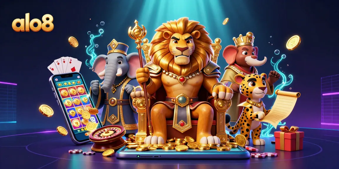 Play exciting slot games at alo8 as a fierce lion king rules from a throne of coins.
