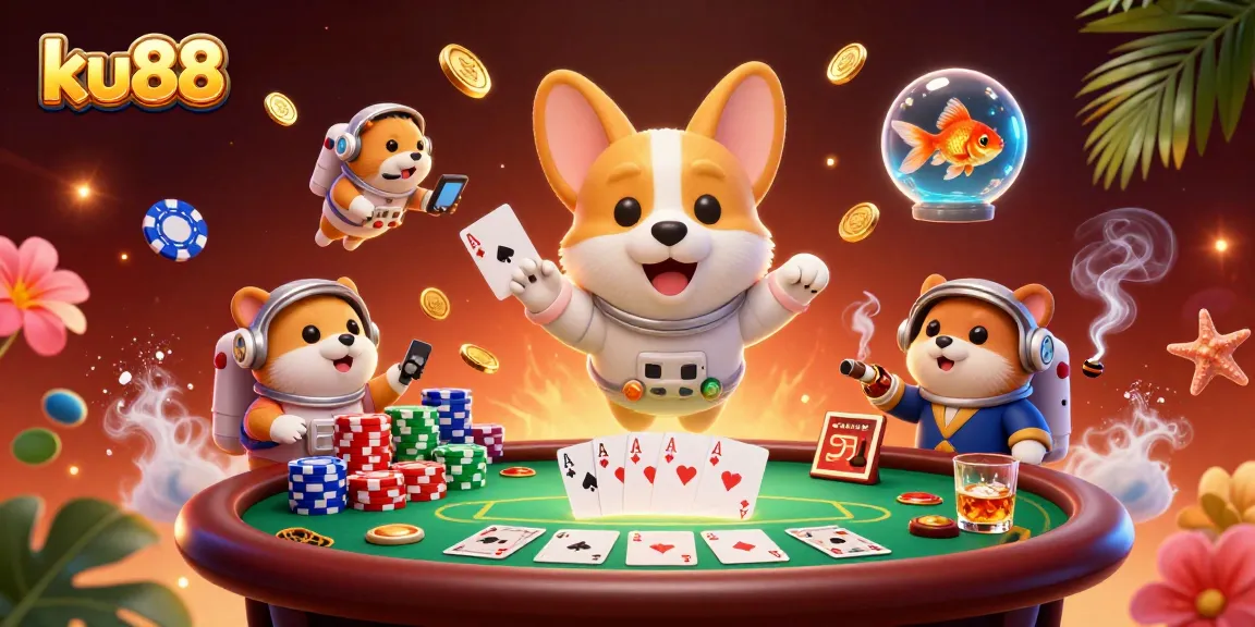 Experience the excitement of ku88 with a lively scene featuring a corgi astronaut in a space casino.