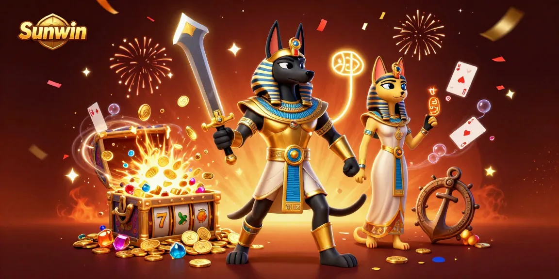 Engage in Sunwin slots with Anubis and Bastet amidst a vibrant, treasure-filled casino scene.
