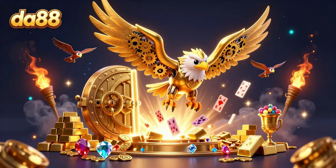 Experience the thrill of da88 with a cybernetic eagle soaring through dazzling casino gems.