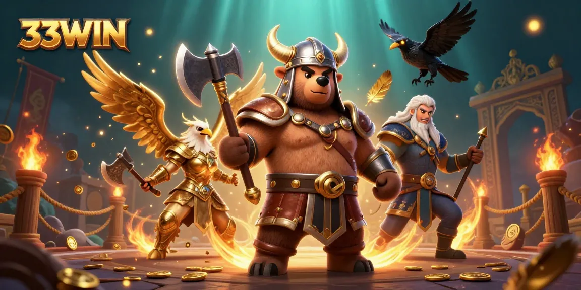 33WIN gaming action scene with Viking bear and Valkyrie eagle in a vibrant online casino experience