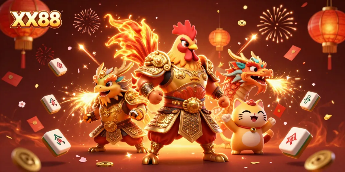 Experience the thrill of XX88 with a vibrant 3D illustration showcasing a fighting rooster, dragon hatchling, and fortune cat.
