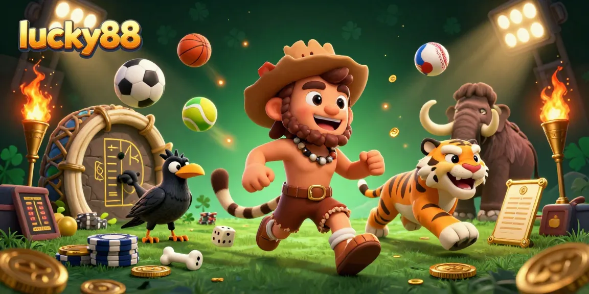 Join the caveman and sabertooth tiger in a fun lucky88 casino with sports action elements.