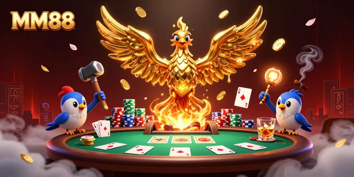 Experience MM88’s dynamic poker scene with a molten golden phoenix and vibrant casino elements.