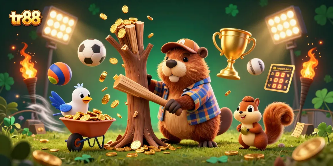 Experience the excitement of tr88 as a beaver collects golden coins in this vibrant casino scene.