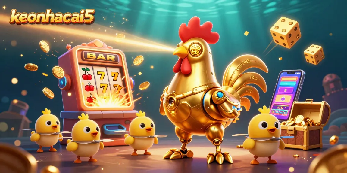Engage with keonhacai5's vibrant slot machine explosion, showcasing thrilling gambling action and excitement.