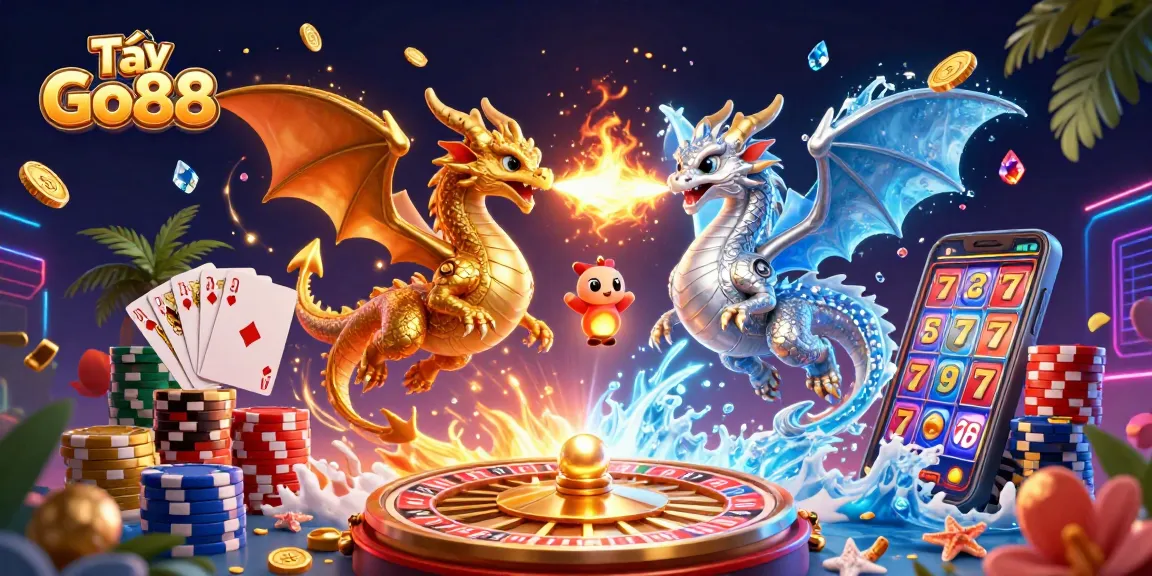 Tải Go88 offers engaging visualize of gold and silver dragons dominating a dynamic casino scene filled with roulette wheels, sparkling chips, and slot machines.