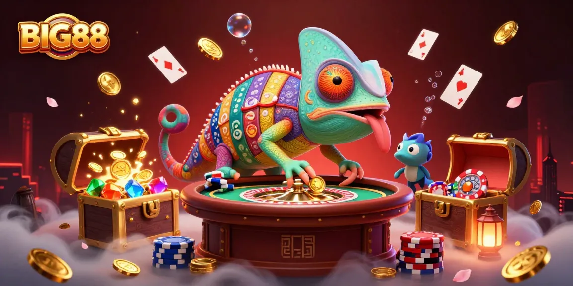Experience big wins with BIG88's vibrant chameleon casino manager in this dynamic 3D scene.