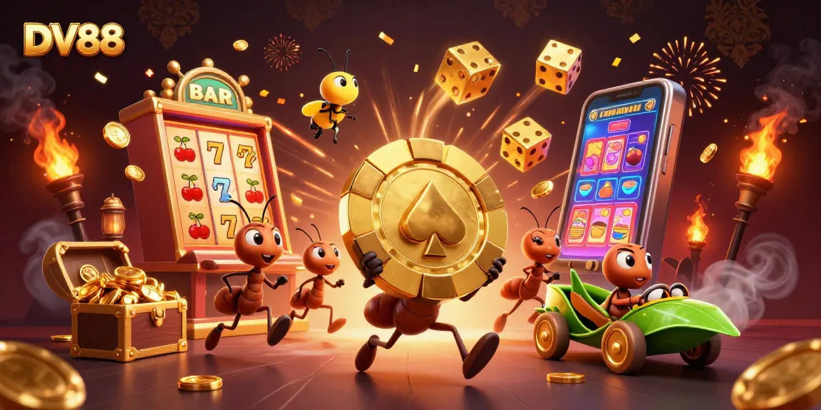 DV88 reveals a thrilling heist scene with ants, poker chips, and vibrant casino elements.