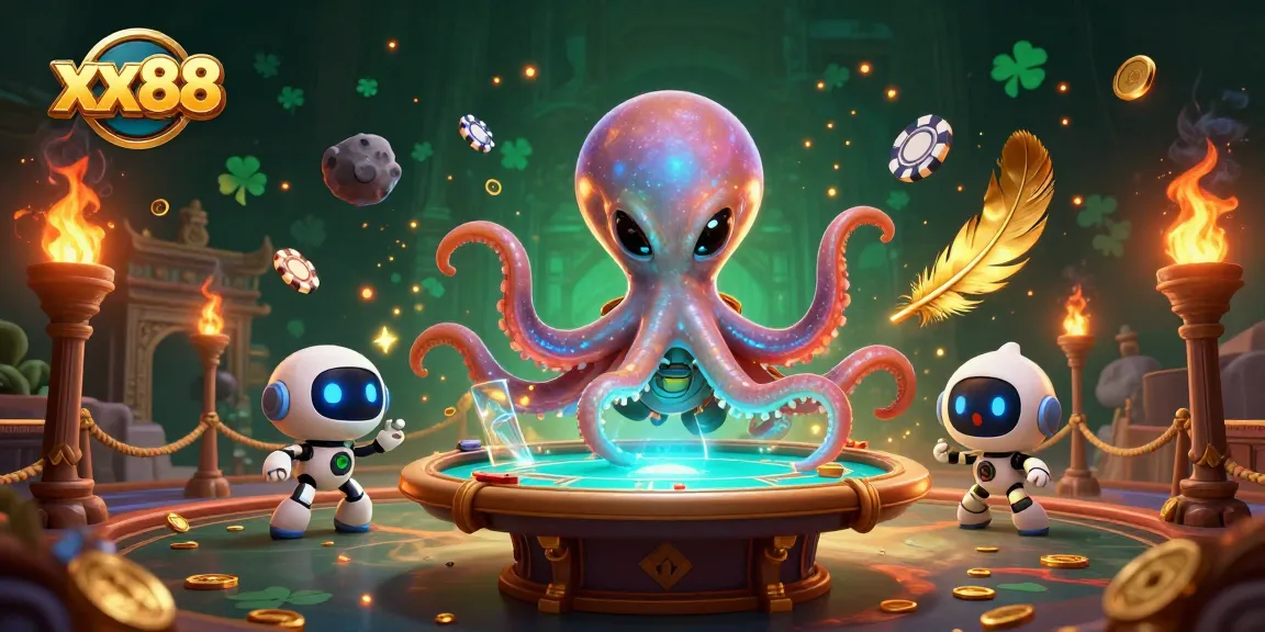 Experience thrilling gaming adventures at xx88 with an alien octopus hosting a poker game.