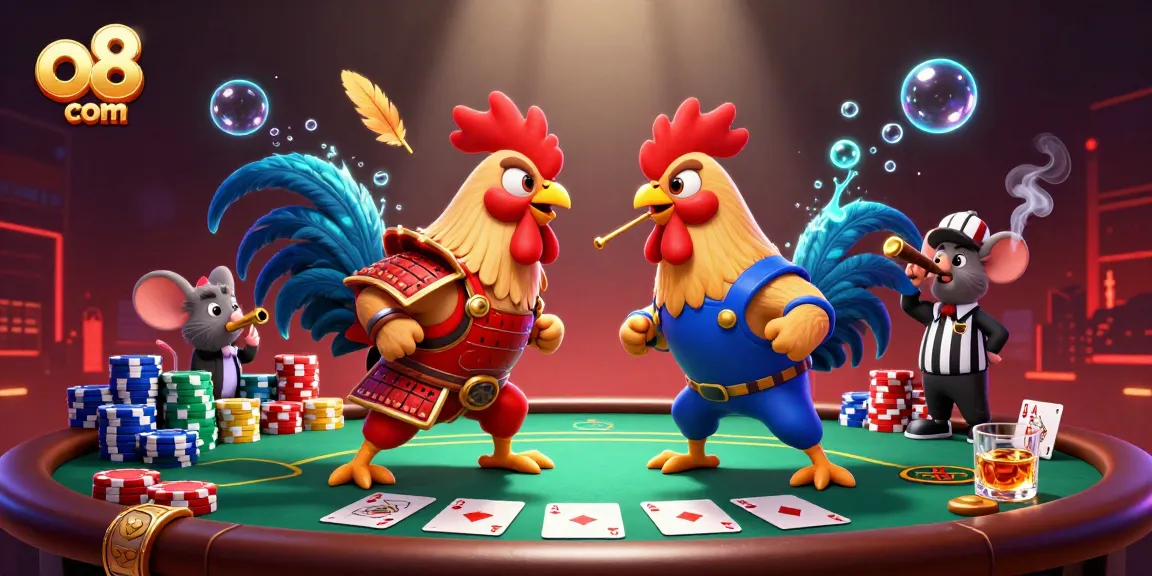 View dynamic fight between roosters in samurai and ninja attire with casino elements at o8 com.