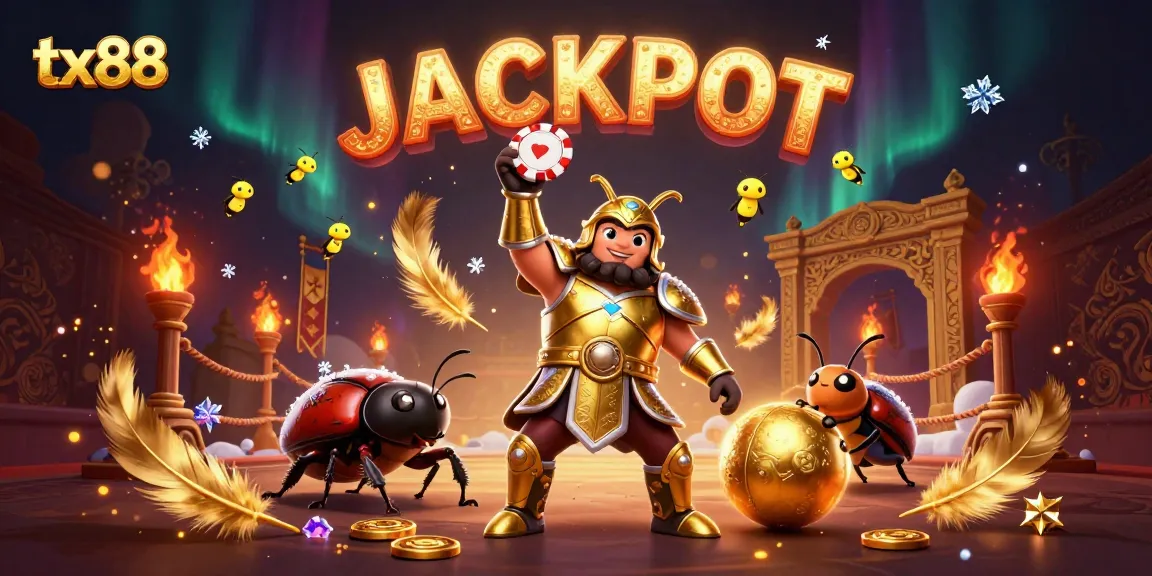 tx88 showcases a victorious beetle character triumphantly holding a poker chip in a vibrant casino scene.