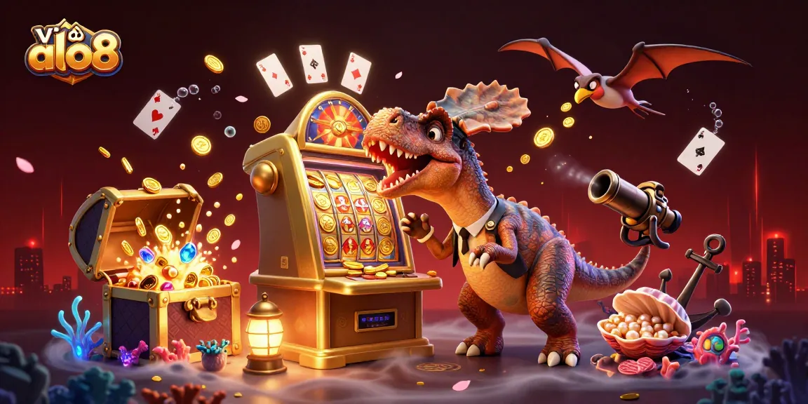 In an exciting scene, a pachycephalosaurus interacts with a golden slot machine at a casino, emphasizing về alo8's vibrant gaming experience.